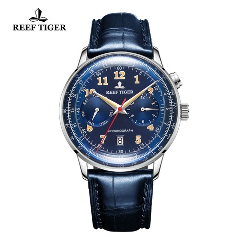 Reef Tiger/RT Top Brand Blue Automatic Pilot Watch Men Functional Mechanical Watch Waterproof Leather Band Wrist Watch RGA9122 ► Photo 1/6