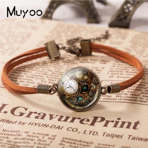 2022 New Steampunk Leather Bracelet Accessories Steampunk Clock Bracelets Round Hand Craft Glass Cabochon Jewelry ► Photo 1/1