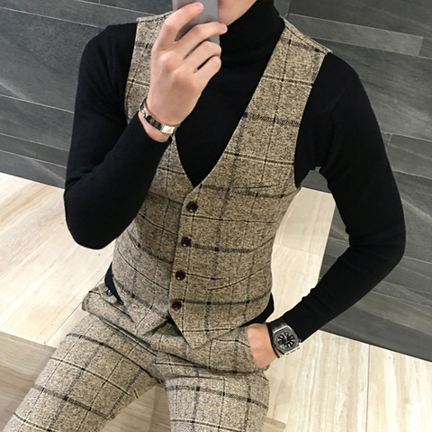 Quality Thick New Men Vest Winter Woolen Fashion Plaid Vest Men Formal Dress Suit Vest Slim Fit Waistcoat Gilet Plus Size Colete ► Photo 1/4