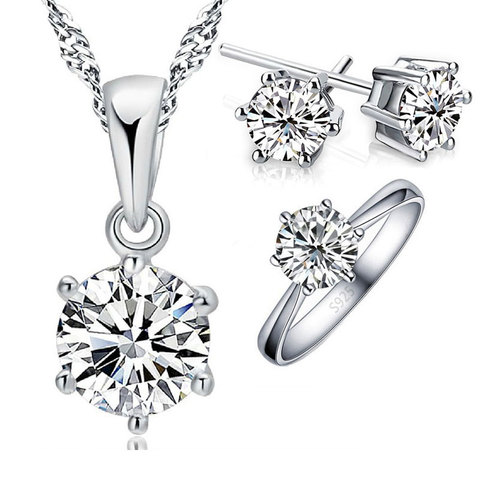 925 Sterling Silver Bridal Jewelry Sets For Women Accessory Cubic Zircon Crystal Necklace Rings Stud Earrings Set Gift ► Photo 1/5