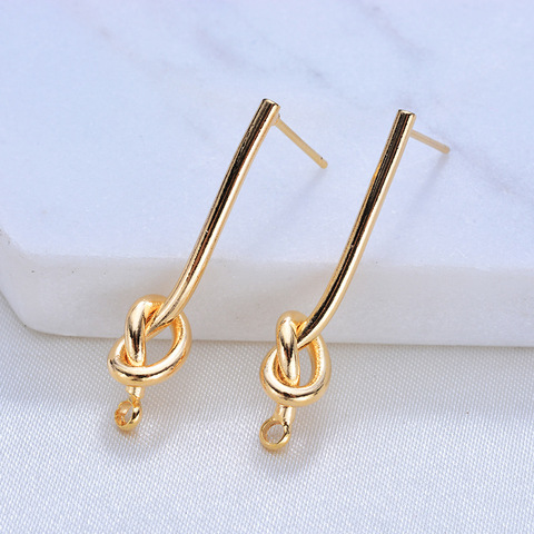 (116)4PCS 27MM 35MM 24K Gold Color Plated Brass Long Line with Knot Stud Earrings High Quality DIY Jewelry Making Findings ► Photo 1/6