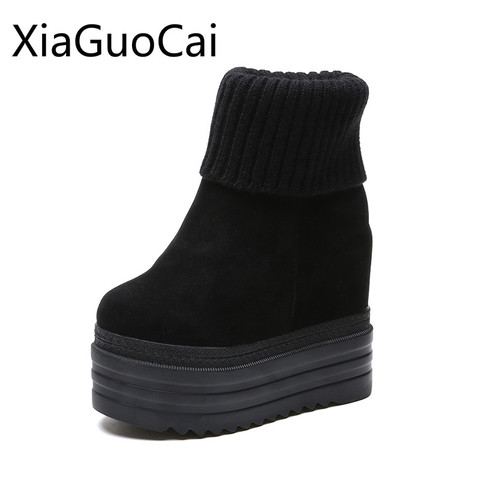 Winter Newest 14CM Heels Women Wedge Boots Increased Flock Female Matte Martin Boots Wool Mouth Short Ankle Boots ► Photo 1/6