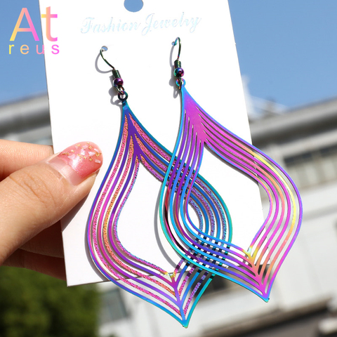 Gradient Rainbow Color Hollow Rhombus Leaf Drop Earrings Women Gothic Jewelry Big Dangle Earrings Stainless Steel Metal Earring ► Photo 1/6