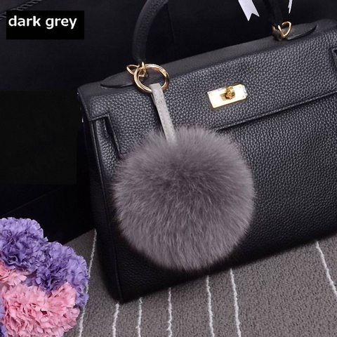 13-15cm Luxury Fluffy Real Fox Fur Ball Pom Pom Plush Size Genuine Fur Keychain Metal Ring Pendant Bag Charm K010-dark grey ► Photo 1/3