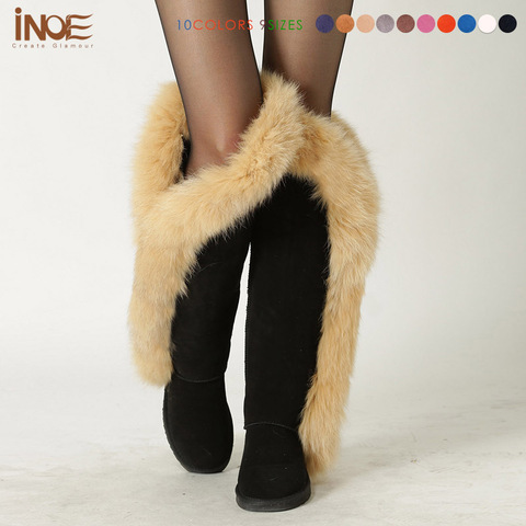 INOE cow suede leather real fox fur fashion thigh over the knee winter snow boots for women long winer shoes flats black grey ► Photo 1/5
