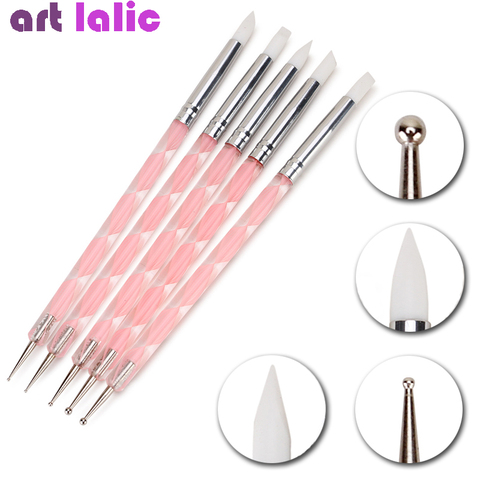 5Pcs 2 Way Nail Art Acrylic Silicone Point Flower Double Head Nail Pen Stainless Steel Dotting Tools Marbleizing Painting Pens ► Photo 1/4