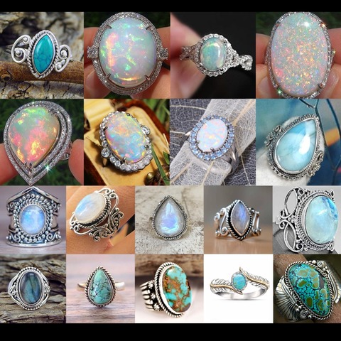 Middle East Africa Antique Silver Oval Large opal ring Boho Jewelry Moonstone Gems Ring Wedding Engagement Jewellery #280926 ► Photo 1/6