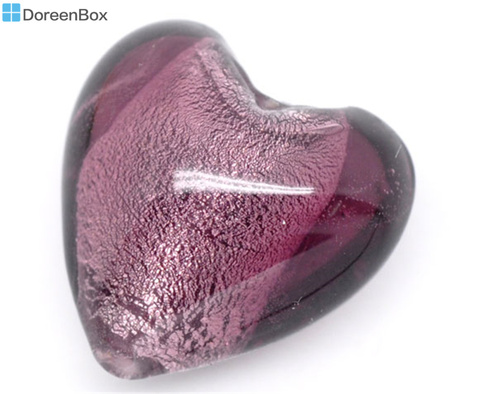 Doreen Box hot-  10 Purple Heart Foil Glass Lampwork Beads 20x20mm (B08194) ► Photo 1/1