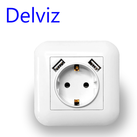 Delviz EU Standard 16A Wall Socket,AC 110~250V Power Socket, Square with usb faceplate, 2.1A Port,White Dual USB charging socket ► Photo 1/6