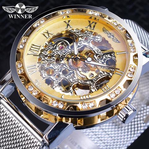 Winner Casual Mechanical Watches For Men Golden Roman Fashion Stainless Steel Belt Mesh Strap Wristwatch Clock Relogio Masculino ► Photo 1/6