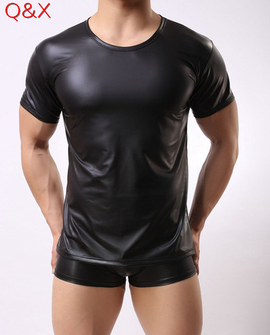 XX76 Summer Style 2017 Fashion Black Faux Leather Men Sexy Lingerie Fitness Tops Tees Short Sleeves T Shirts ► Photo 1/6