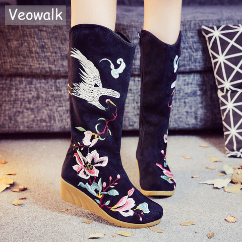Veowalk Crane Embroidered Women Knee High Canvas Boots Mid Wedge Heel Ladies Comfort Loose Boots Embroidery Shoes Black ► Photo 1/6