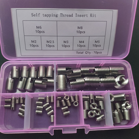 70PC M2 M2.5 M3 M4 M5 M6 M8 Stainless Steel Self Tapping Thread Slotted Inserts Set Thread Repair Tools set Thread Inserts kit ► Photo 1/3