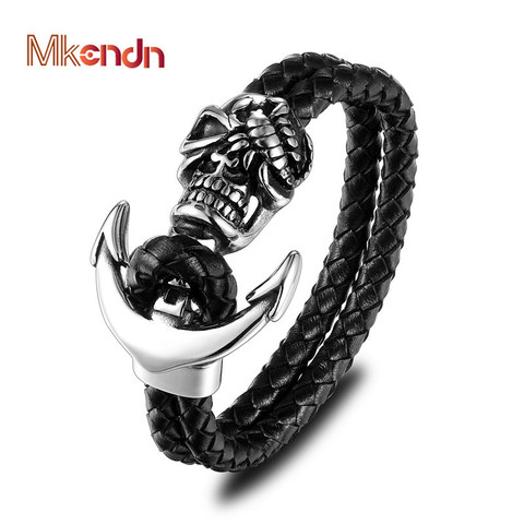 MKENDN New Fashion Men Genuine Leather Skull Anchor Bracelets Rock Punk Stainless Steel Charms Cuff Bracelets Bangles ► Photo 1/6