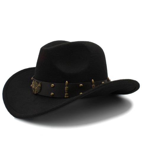 Wome Men Black Wool Chapeu Western Cowboy Hat Gentleman Jazz Sombrero Hombre Cap Elegant Lady Cowgirl Hats Size 56-58CM ► Photo 1/6