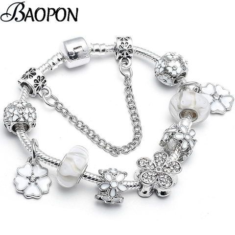 BAOPON Hot Sale White Crystal Flower Dangles Charm Bracelet Plant Beads Fine Bracelet For Women Couple Anniversary Jewelry ► Photo 1/6