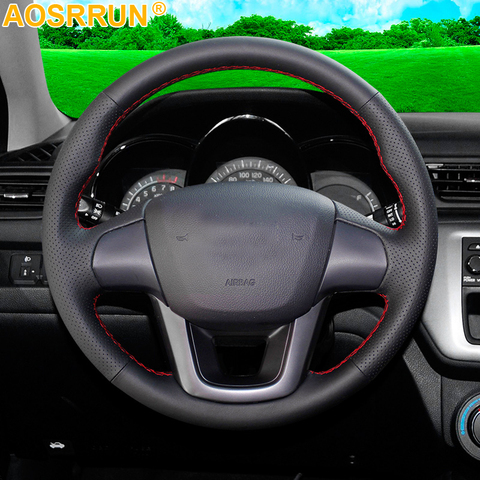 AOSRRUN Accessories Leather Hand-Stitched Car Steering Wheel Covers For KIA RIO 2011 2012 2013 2014 ► Photo 1/4