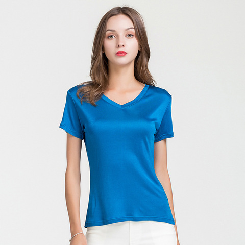 100% Real Silk Women's T-Shirts V Collar Short Sleeve Ladies Wild Candy Color Female Basic Model Women Tee Shirt Tops ► Photo 1/6