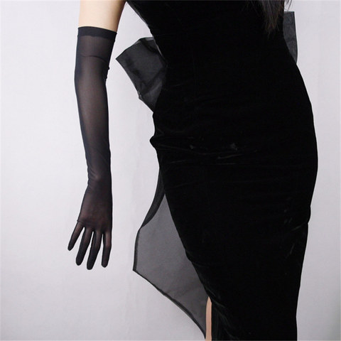 Black Silk Gloves 52cm Extra Long Section High Elastic Lace Mesh Yarn Black Evening Vestido de noche Bride Marry Touch WWS04 ► Photo 1/6