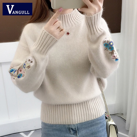 Vangull Women Knitted Sweater Floral Embroidery Thick Sweater Pullovers 2022 Autumn Winter New Long Sleeve Turtleneck Sweaters ► Photo 1/6