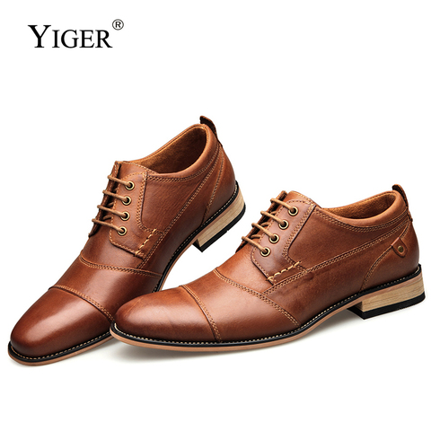 YIGER New Men Dress shoes formal shoes men's Handmade business shoes wedding shoes Big Size genuine Leather Lace-up Male  0249 ► Photo 1/6
