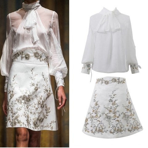 Runway Spring Skirt Suits Women's Sheer Lantern Sleeve Bows Chiffon Blouses Tops + Vintage Beaded Flower Appliques Skirts NS354 ► Photo 1/1