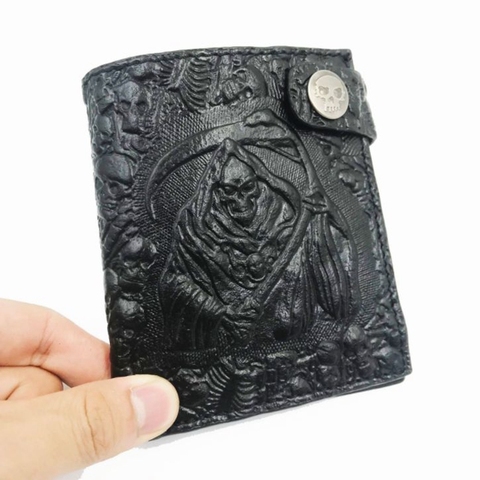 Vintage Embossed Leather Men Wallet Boys Rock Pink Devil Skull Head Short Purse Biker Snap Hasp Clutch Wallets Card Holder Black ► Photo 1/6