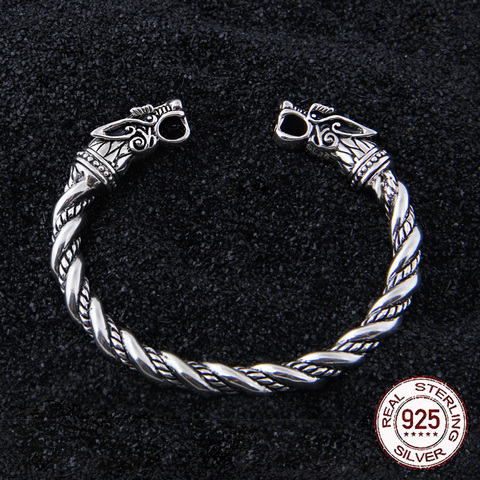 S925 Sterling Silver Viking Wolf Bangle with wood box as gift for men or women ► Photo 1/6