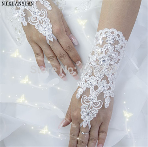 Elegant Beaded Lace Satin Short Bridal Gloves 2022 Fingerless Wedding Gloves White Ivory Wedding Accessories Veu De Noiva ► Photo 1/5