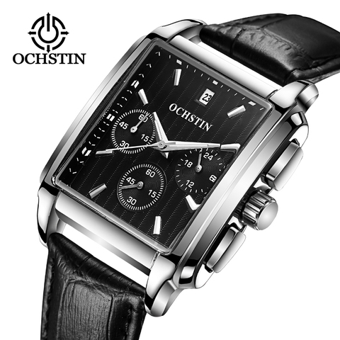 OCHSTIN 2022 Men Square Quartz Black Watch Luxury Brand Business Wriswatch Male Leather Strap chronograph Analog Clock relogio ► Photo 1/6