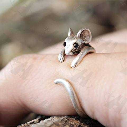 Mouse Rings Women's Girl's Retro Burnished Rat Animal Rings Vintage Jewelry Adjustable Free Size Ring Black Crystal Gift Idea ► Photo 1/4