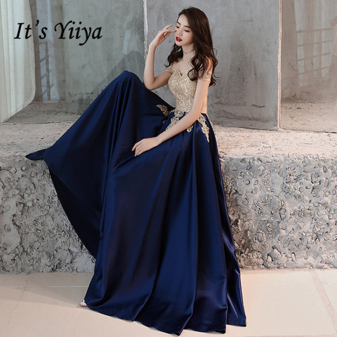 It's YiiYa Evening Dress Gold Lace Navy Blue Fashion Party Gowns Boat Neck Floor length Long Formal Dresses  E052 ► Photo 1/1
