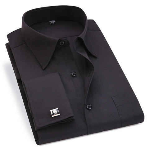 Classic Black French Cufflinks Men's Business Dress Long Sleeve Shirt Lapel Men Social Shirt 4XL 5XL 6XL Routine fit ► Photo 1/6