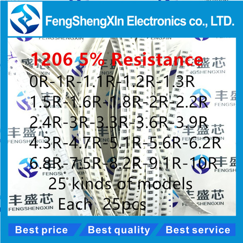 25valuesX25pcs=625pcs 1206 SMD Resistor Kit (0R~10R) 5% 100% NEW AND ORIGINAL Chip Resistance Assorted Set ► Photo 1/1