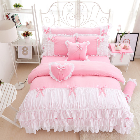100% Cotton pink purple king queen twin single Double size girls bedding set ruffles korean bed set bedsheet set duvet cover ► Photo 1/5