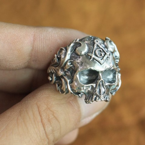 Masonic Skull Ring 925 Sterling Silver Mens Biker Punk Ring TA116 US Size 7~15 ► Photo 1/6