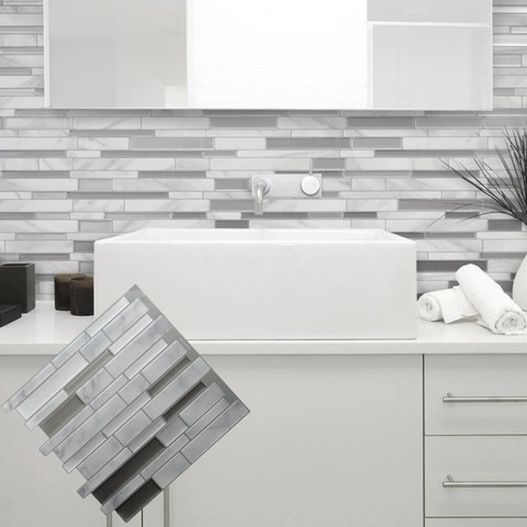 White Grey Marble Mosaic L And Stick, How To Stick Self Adhesive Wall Tiles