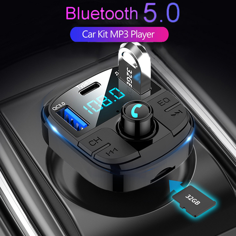 JINSERTA Latest Bluetooth 5.0 Car FM Transimtter QC3.0 Quick Charger Type-c FM Modulator TF USB Pendrive Music Car MP3 Player ► Photo 1/6