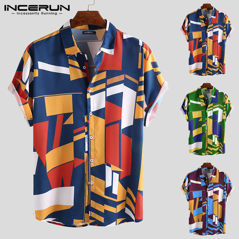INCERUN Summer Men Beach Shirt Geometric Print Short Sleeve Lapel Neck Button Leisure Hawaiian Shirts Men 2022 Streetwear S-5XL ► Photo 1/6