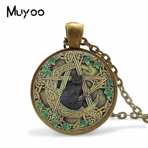 Vintage Glass Dome Pendant Black Wicca Pendant Necklace Magical Pentagram Wiccan Black Cat Jewelry Charm HZ1 ► Photo 1/2