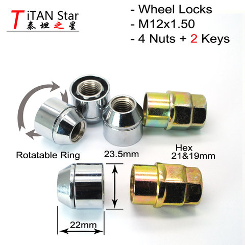 4NUTS+2KEYS 12x1.5 M12 1.50 OPENED ACORN LOCKING LUG NUTS/ WHEEL LOCKS Anti theft Security Key Nut For the WHEELS/RIMS ► Photo 1/1