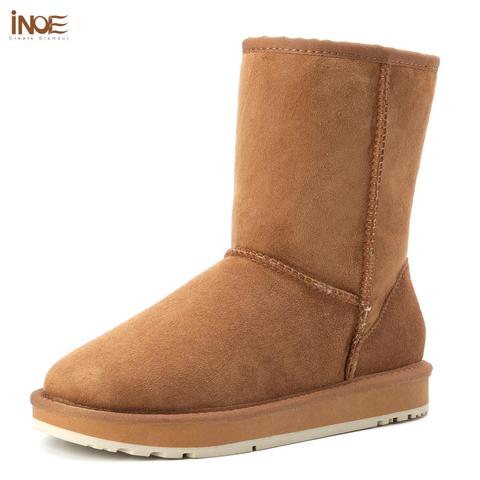INOE Basic Winter Snow Boots for Women Sheepskin Suede Leather Mid-calf Slip on Shearling Fur Boots Rubber Sole Flats Solid Grey ► Photo 1/6