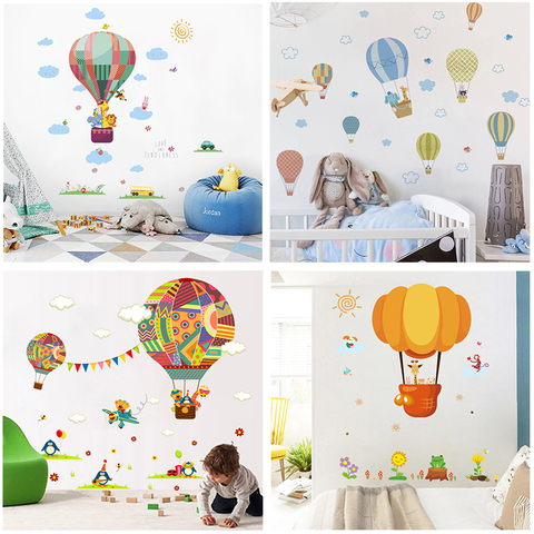 funny hot air balloon car wall stickers for kids rooms home decor cartoon animals wall decals diy posters pvc mural art ► Photo 1/5