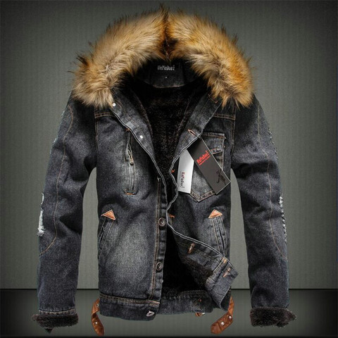 ABOORUN Men's Fur Collar Thick Denim Jacket Retro Ripped Warm Fleece Jeans Jacket Winter Casual Coat Parkas for Male ► Photo 1/1