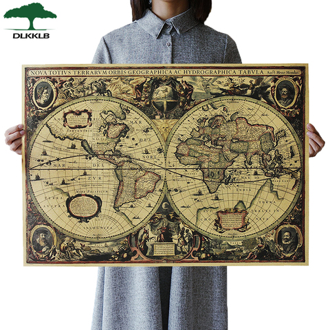 DLKKLB Retro World Map Nautical Ocean Map Poster Vintage Kraft Paper Wall Chart Sticker Antique Home Decor Large Size Map World ► Photo 1/2