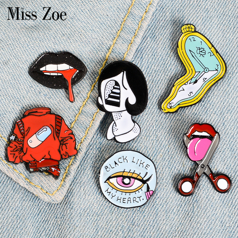 Pill Eyeliner Tongue Lips Enamel Pins Twisted Clock Girl Brooches Denim Shirt Lapel Pin Bag Punk Cool Jewelry Gift for Friends ► Photo 1/6