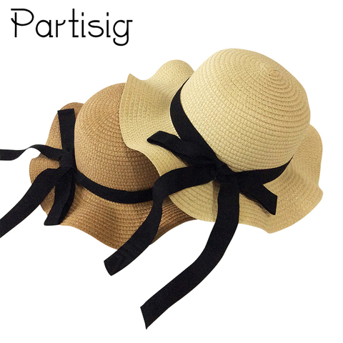 Girls Summer Cap Black Ribbon Decorate Wavy Straw Hat For Girls Children Panama Hat Kids Sun Cap Baby Beach Hats ► Photo 1/6