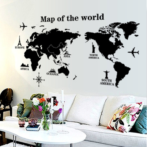 Black International World Map Diy Vinyl Wall Stickers Kids Love Home Decor Office Art Decals Creative 3d Wallpaper Decoration Alitools - Wall Art Decals For Office