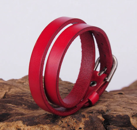 G557 Red Biker Rock Classic Double Wrap Leather Cowhide Buckle Bracelet Cuff New ► Photo 1/6