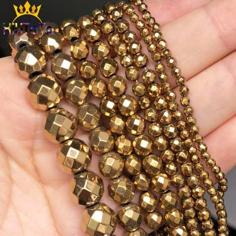 Natural Faceted Gold Hematite Stone Beads Loose Spacer Bead For Jewelry Making DIY Necklace Bracelet Accessories 2/3/4/6/8/10mm ► Photo 1/6